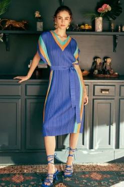 Current Air Maxi Dresses | Midi Dresses-Pleated Border Kaftan Dress BLUE