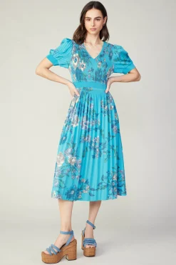 Current Air Midi Dresses-Pleated Botanical Midi Dress TURQUOISE