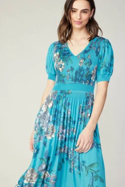 Current Air Midi Dresses-Pleated Botanical Midi Dress TURQUOISE