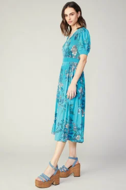 Current Air Midi Dresses-Pleated Botanical Midi Dress TURQUOISE