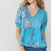 Current Air Short Sleeve Tops-Pleated Botanical Top TURQUOISE