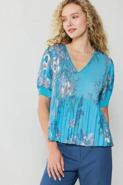 Current Air Short Sleeve Tops-Pleated Botanical Top TURQUOISE