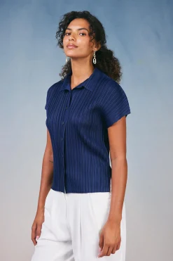 Current Air Short Sleeve Tops-Pleated Button Down Top NAVY