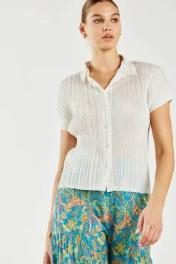 Current Air Short Sleeve Tops-Pleated Button Down Top UNBLEACHED