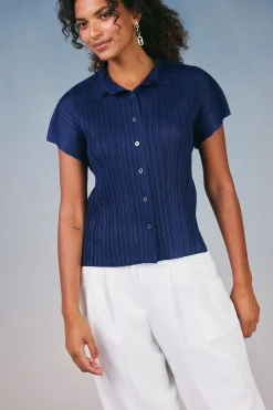 Current Air Short Sleeve Tops-Pleated Button Down Top NAVY