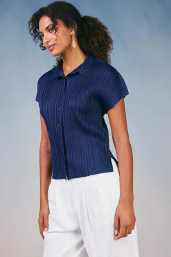Current Air Short Sleeve Tops-Pleated Button Down Top NAVY
