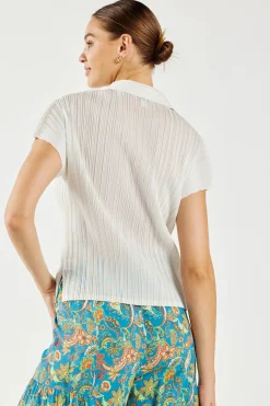 Current Air Short Sleeve Tops-Pleated Button Down Top UNBLEACHED