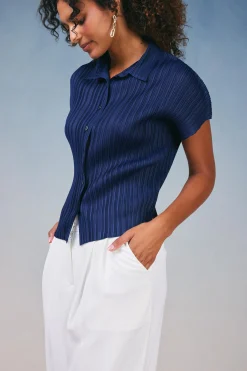 Current Air Short Sleeve Tops-Pleated Button Down Top NAVY