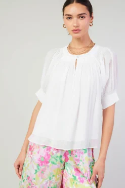 Current Air Short Sleeve Tops-Pleated Cuff Blouse WHITE