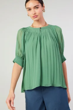 Current Air Short Sleeve Tops-Pleated Cuff Blouse LEAFGREEN