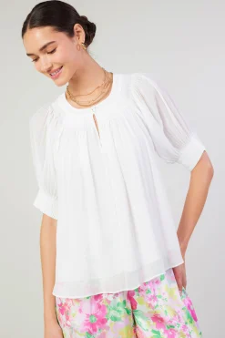 Current Air Short Sleeve Tops-Pleated Cuff Blouse WHITE