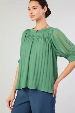 Current Air Short Sleeve Tops-Pleated Cuff Blouse LEAFGREEN
