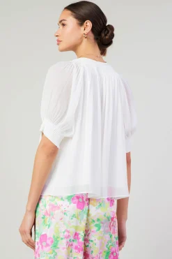 Current Air Short Sleeve Tops-Pleated Cuff Blouse WHITE
