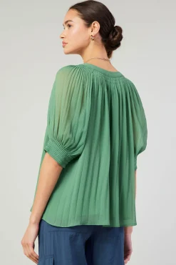 Current Air Short Sleeve Tops-Pleated Cuff Blouse LEAFGREEN