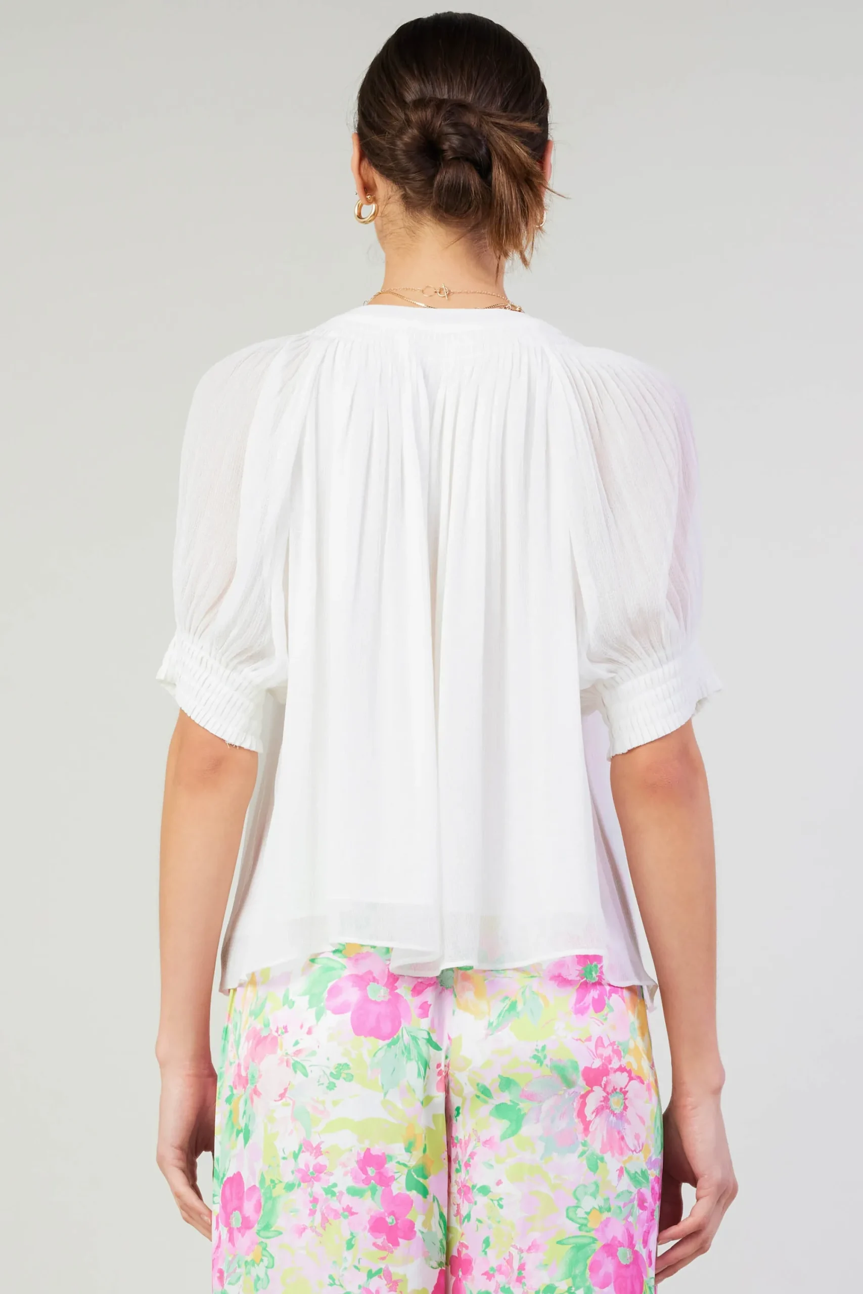 Current Air Short Sleeve Tops-Pleated Cuff Blouse WHITE