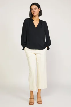 Current Air Long Sleeve Tops-Pleated Cuff Blouse BLACK