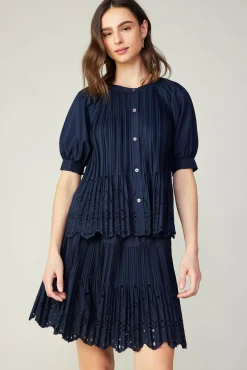 Current Air Short Sleeve Tops-Pleated Eyelet Blouse DARKNAVY