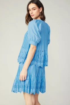 Current Air Short Sleeve Tops-Pleated Eyelet Blouse BABYBLUE