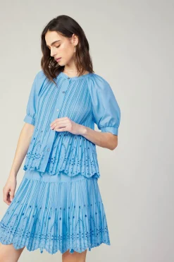 Current Air Short Sleeve Tops-Pleated Eyelet Blouse BABYBLUE