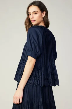 Current Air Short Sleeve Tops-Pleated Eyelet Blouse DARKNAVY