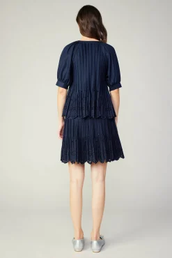 Current Air Short Sleeve Tops-Pleated Eyelet Blouse DARKNAVY