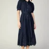 Current Air Midi Dresses-Pleated Eyelet Midi Dress DARKNAVY