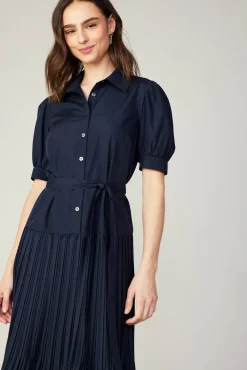 Current Air Midi Dresses-Pleated Eyelet Midi Dress DARKNAVY
