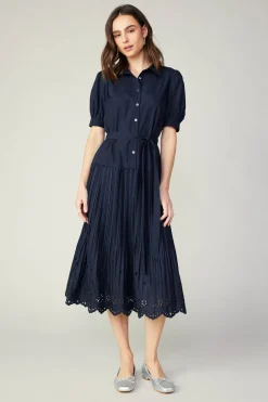 Current Air Midi Dresses-Pleated Eyelet Midi Dress DARKNAVY