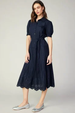 Current Air Midi Dresses-Pleated Eyelet Midi Dress DARKNAVY
