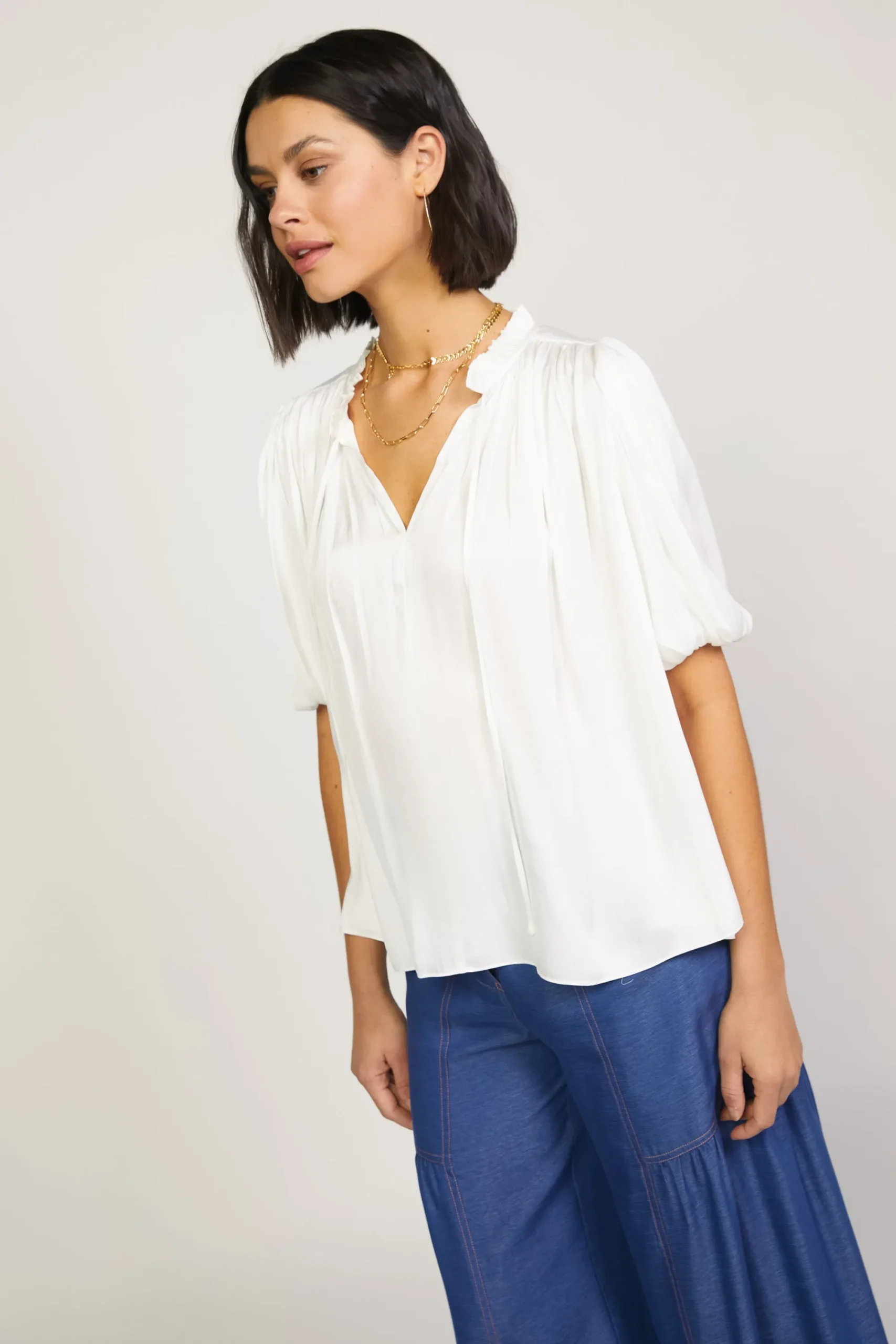 Current Air Short Sleeve Tops-Pleated Puff Sleeve Blouse WHITE