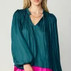 Current Air Long Sleeve Tops-Pleated Puffed Sleeve Blouse DARKTEAL