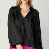 Current Air Long Sleeve Tops-Pleated Puffed Sleeve Blouse BLACK