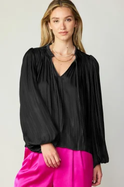 Current Air Long Sleeve Tops-Pleated Puffed Sleeve Blouse BLACK