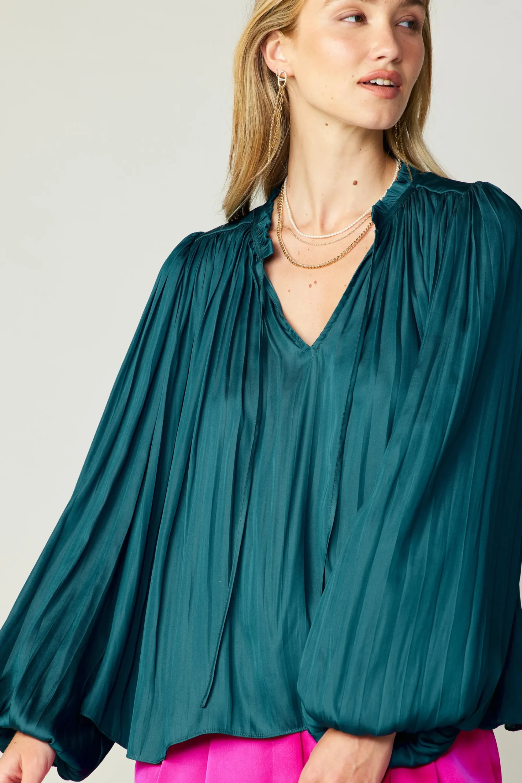 Current Air Long Sleeve Tops-Pleated Puffed Sleeve Blouse DARKTEAL