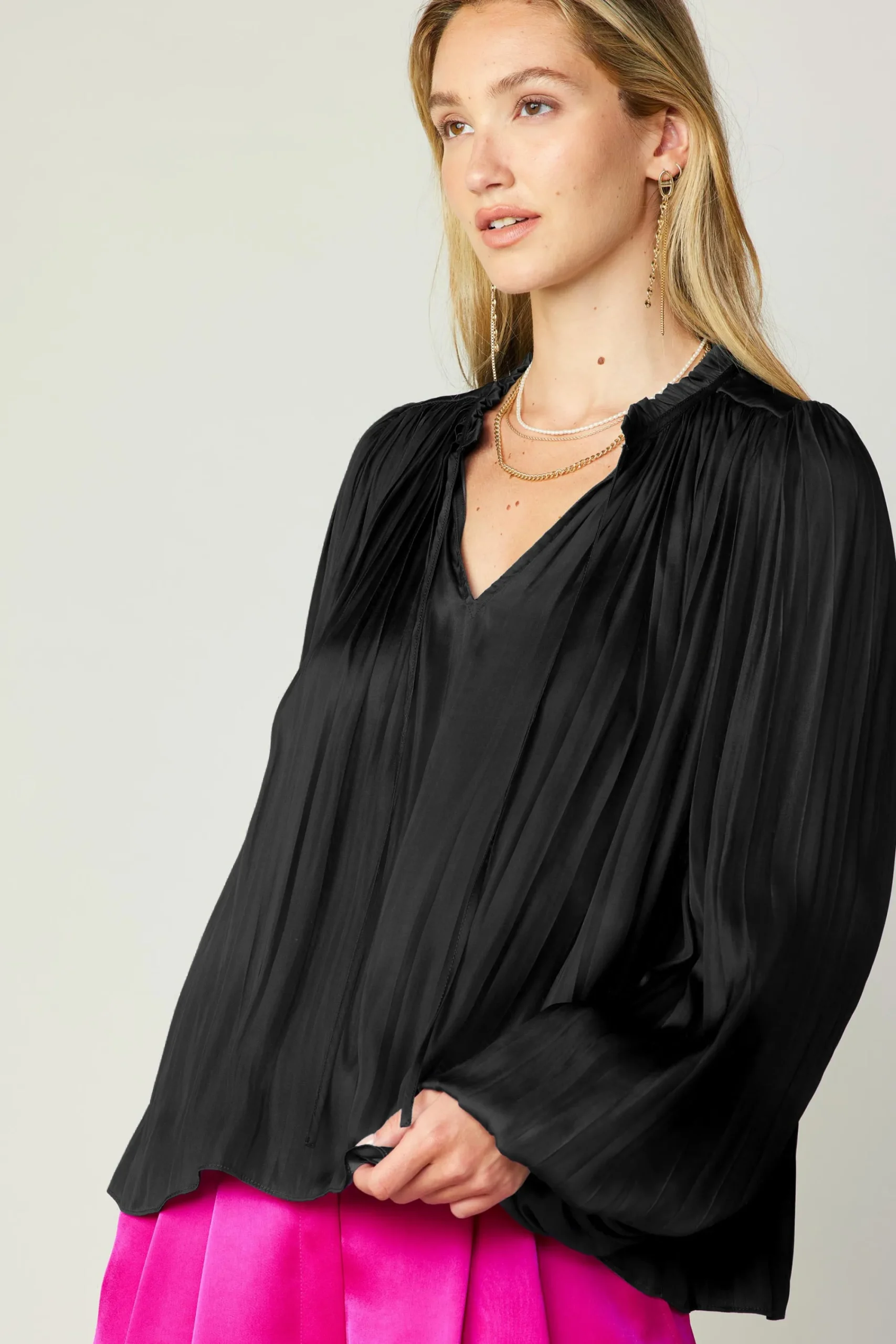 Current Air Long Sleeve Tops-Pleated Puffed Sleeve Blouse BLACK