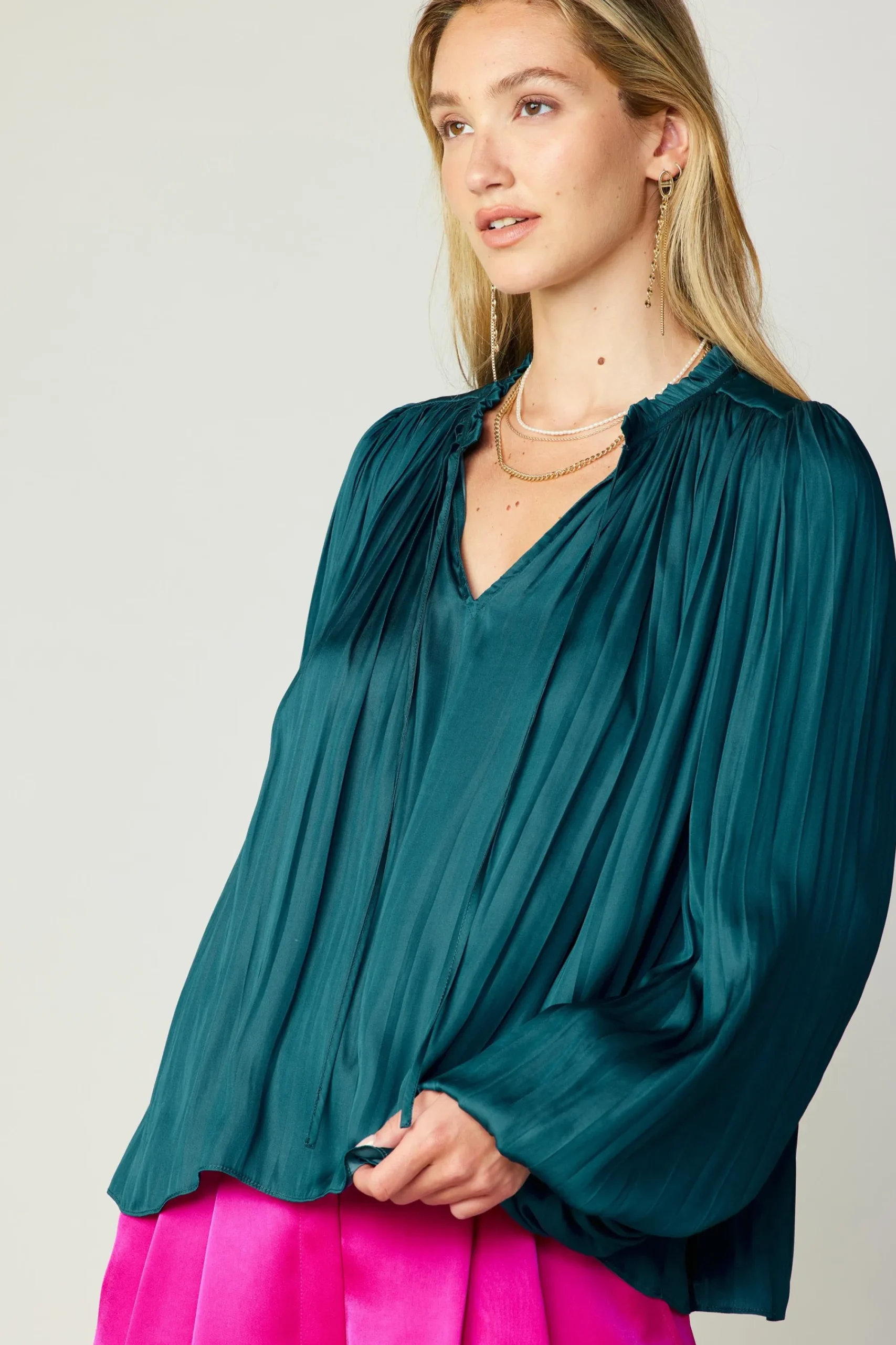 Current Air Long Sleeve Tops-Pleated Puffed Sleeve Blouse DARKTEAL