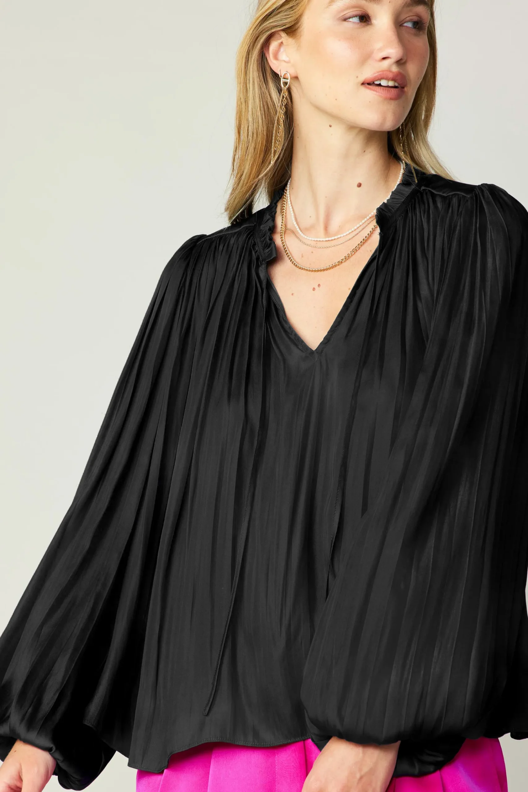 Current Air Long Sleeve Tops-Pleated Puffed Sleeve Blouse BLACK