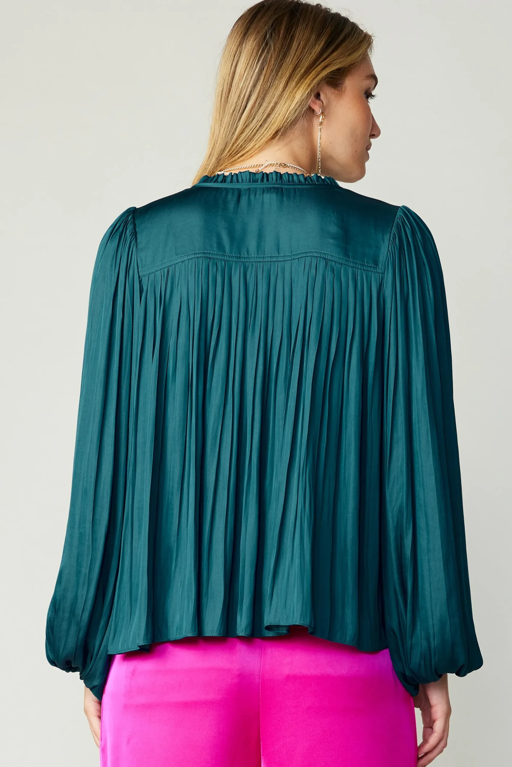 Current Air Long Sleeve Tops-Pleated Puffed Sleeve Blouse DARKTEAL