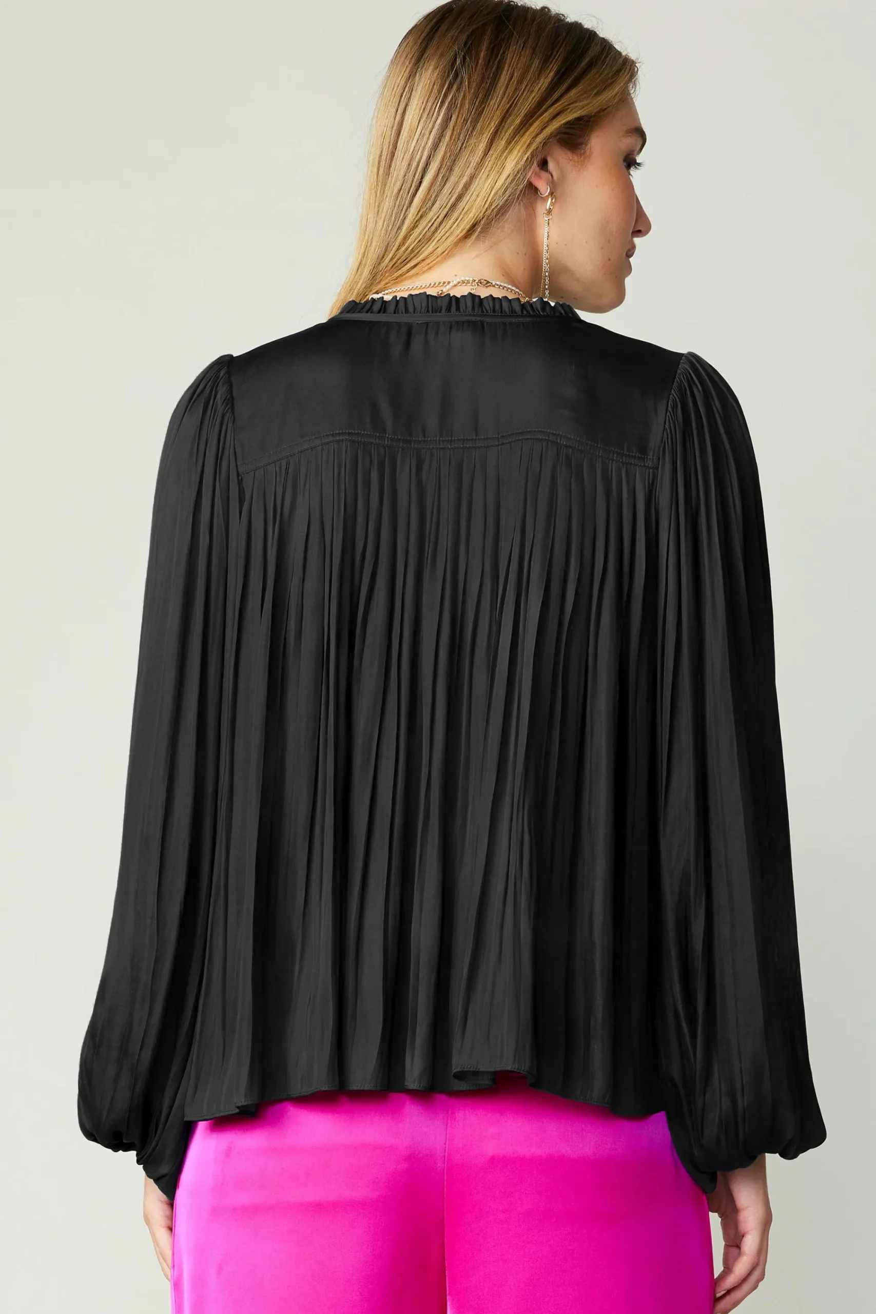 Current Air Long Sleeve Tops-Pleated Puffed Sleeve Blouse BLACK