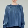 Current Air Long Sleeve Tops-Pleated Shimmery Blouse MIDNIGHTBLUE