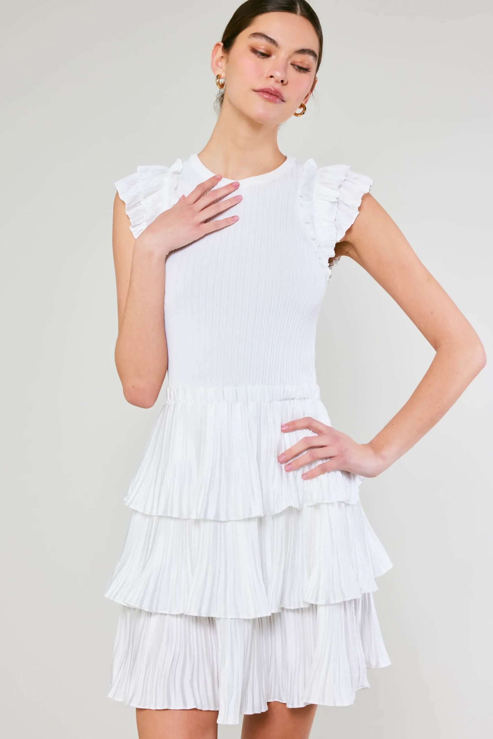 Current Air Knitwear | Mini Dresses-Pleated Skirt Sweater Dress WHITE