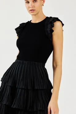 Current Air Knitwear | Mini Dresses-Pleated Skirt Sweater Dress BLACK