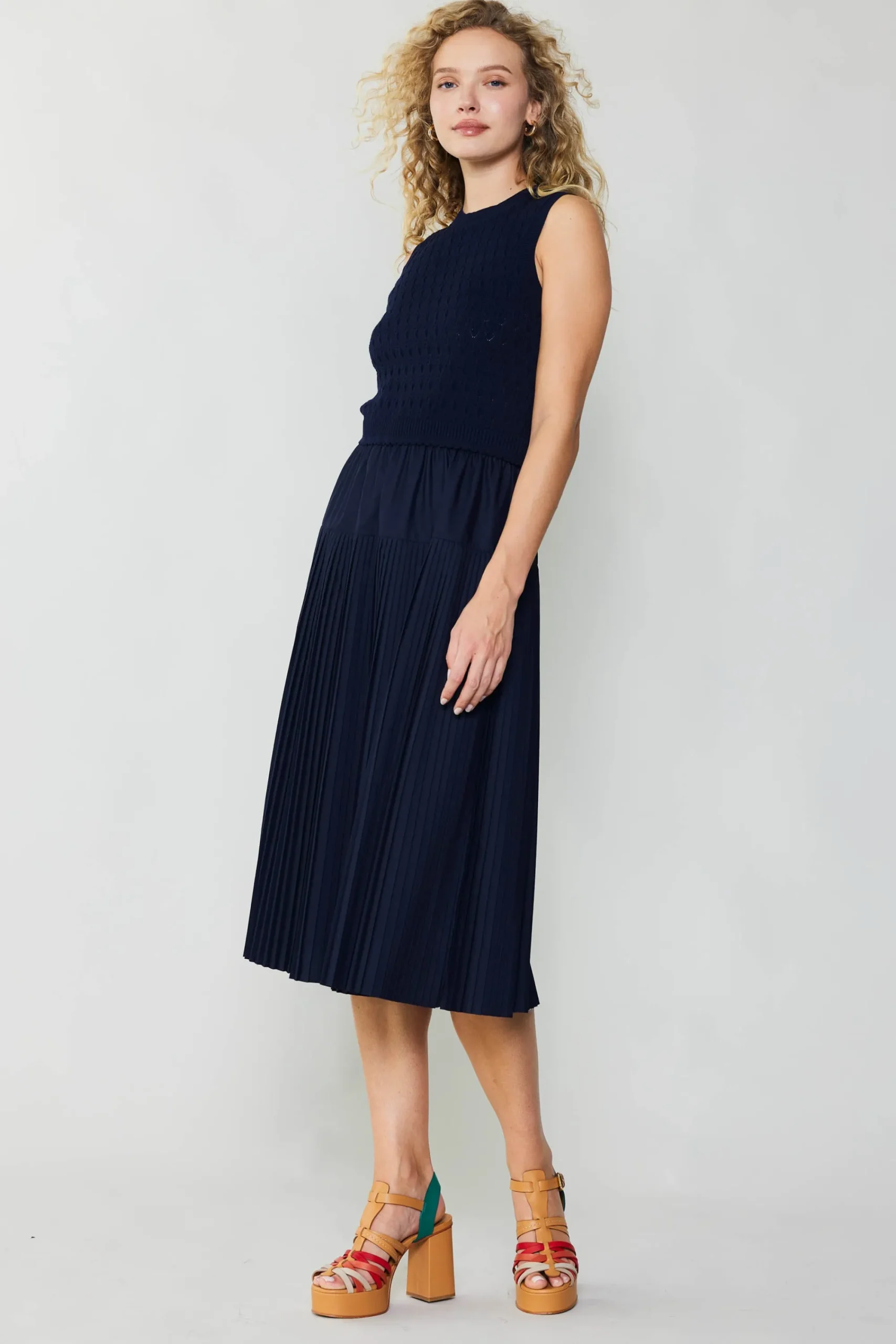 Current Air Knitwear | Midi Dresses-Pleated Skirt Sweater Dress NAVY