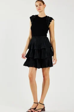 Current Air Knitwear | Mini Dresses-Pleated Skirt Sweater Dress BLACK
