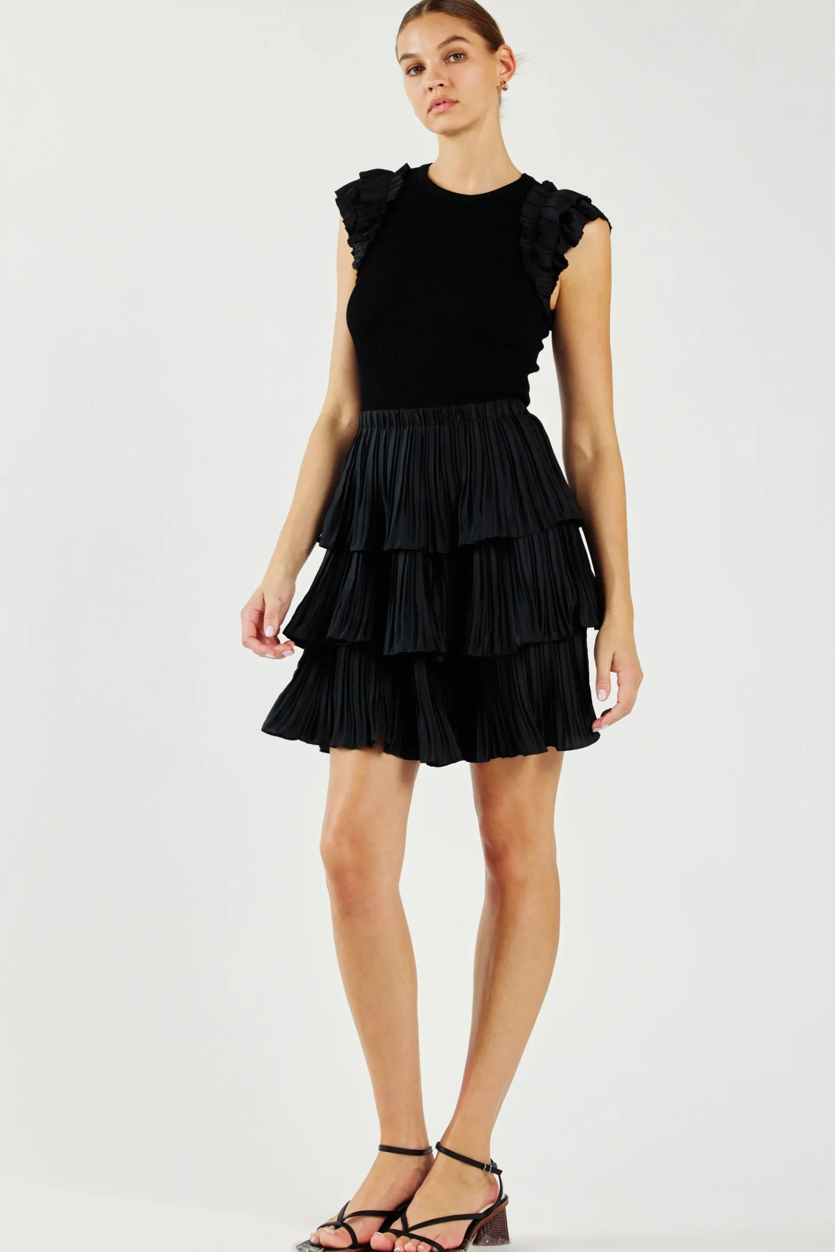 Current Air Knitwear | Mini Dresses-Pleated Skirt Sweater Dress BLACK