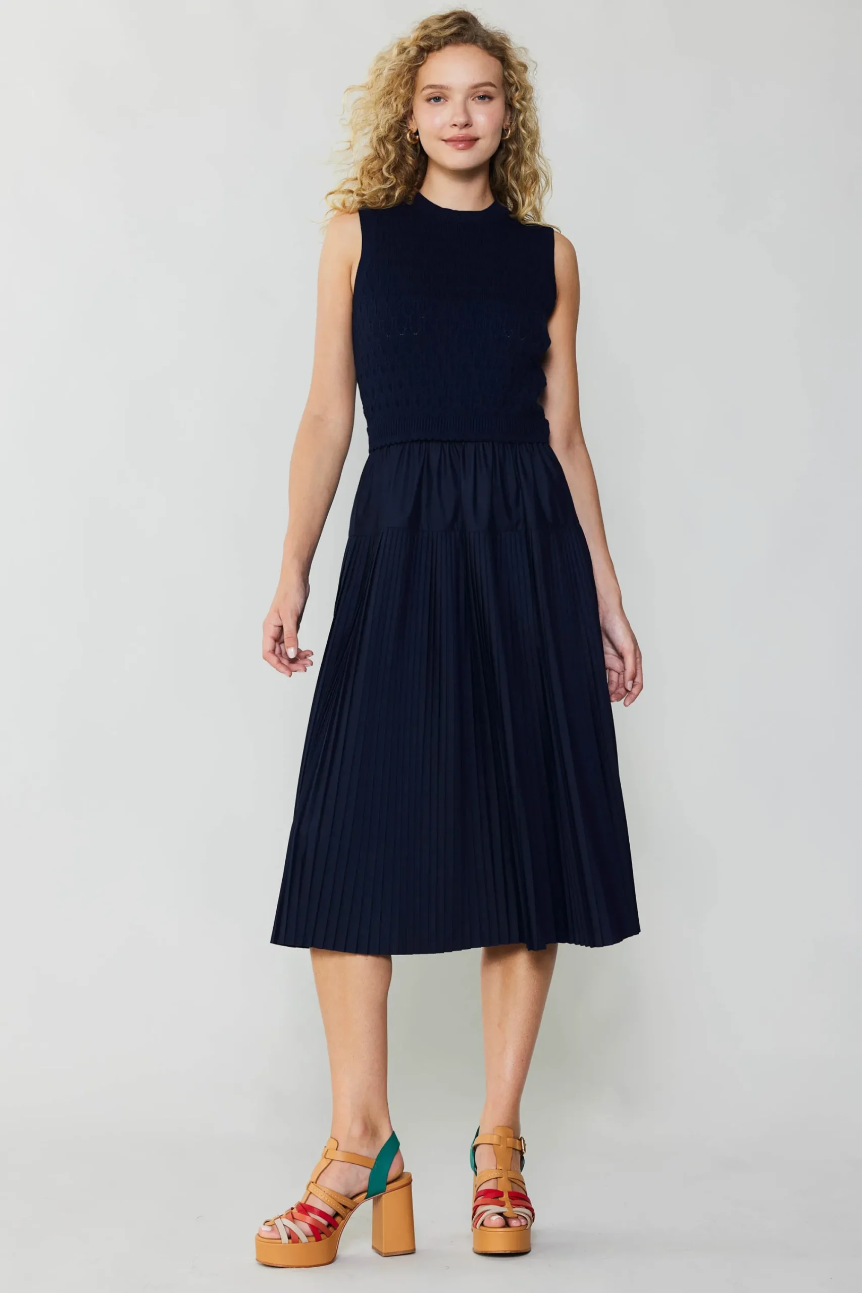 Current Air Knitwear | Midi Dresses-Pleated Skirt Sweater Dress NAVY