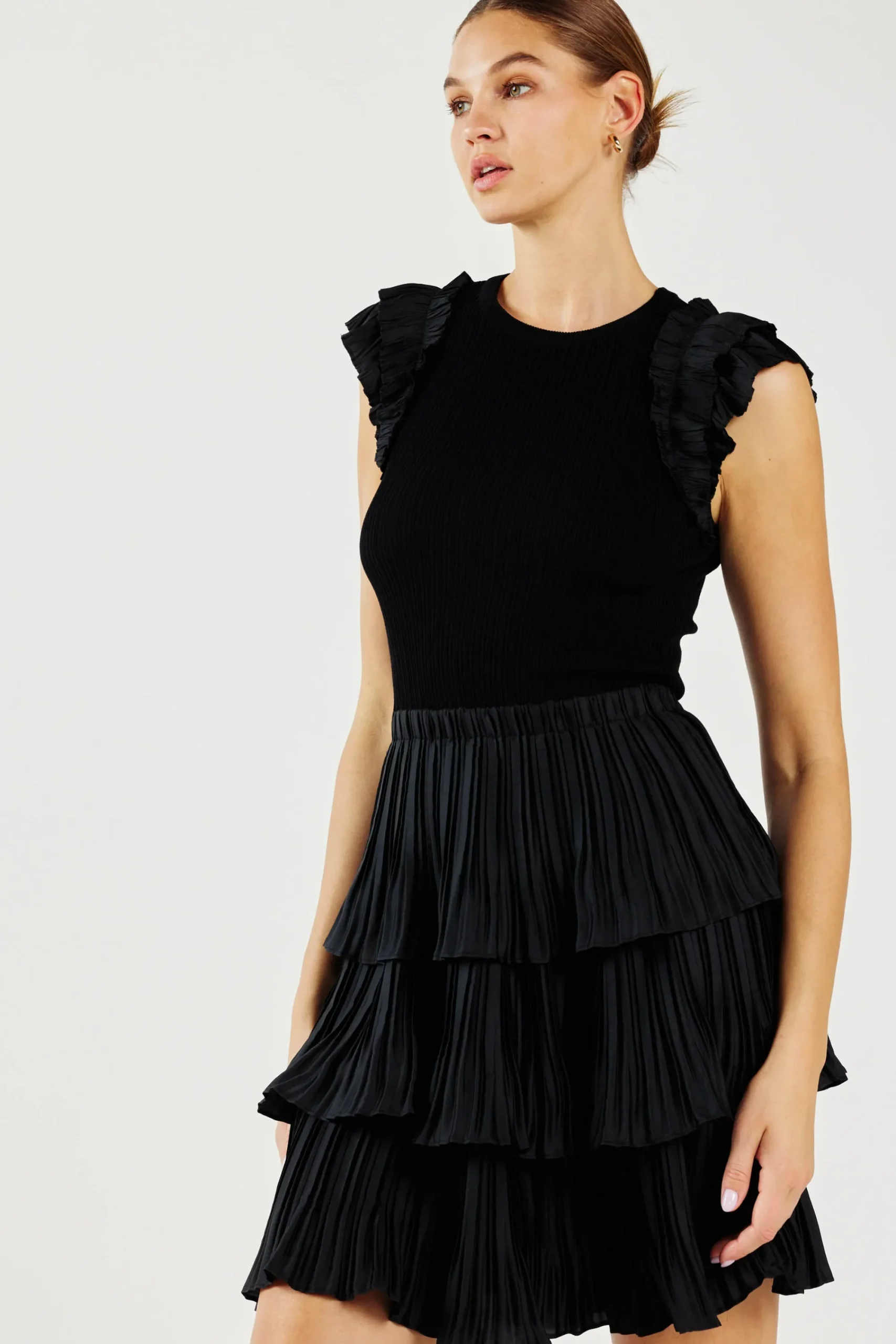 Current Air Knitwear | Mini Dresses-Pleated Skirt Sweater Dress BLACK