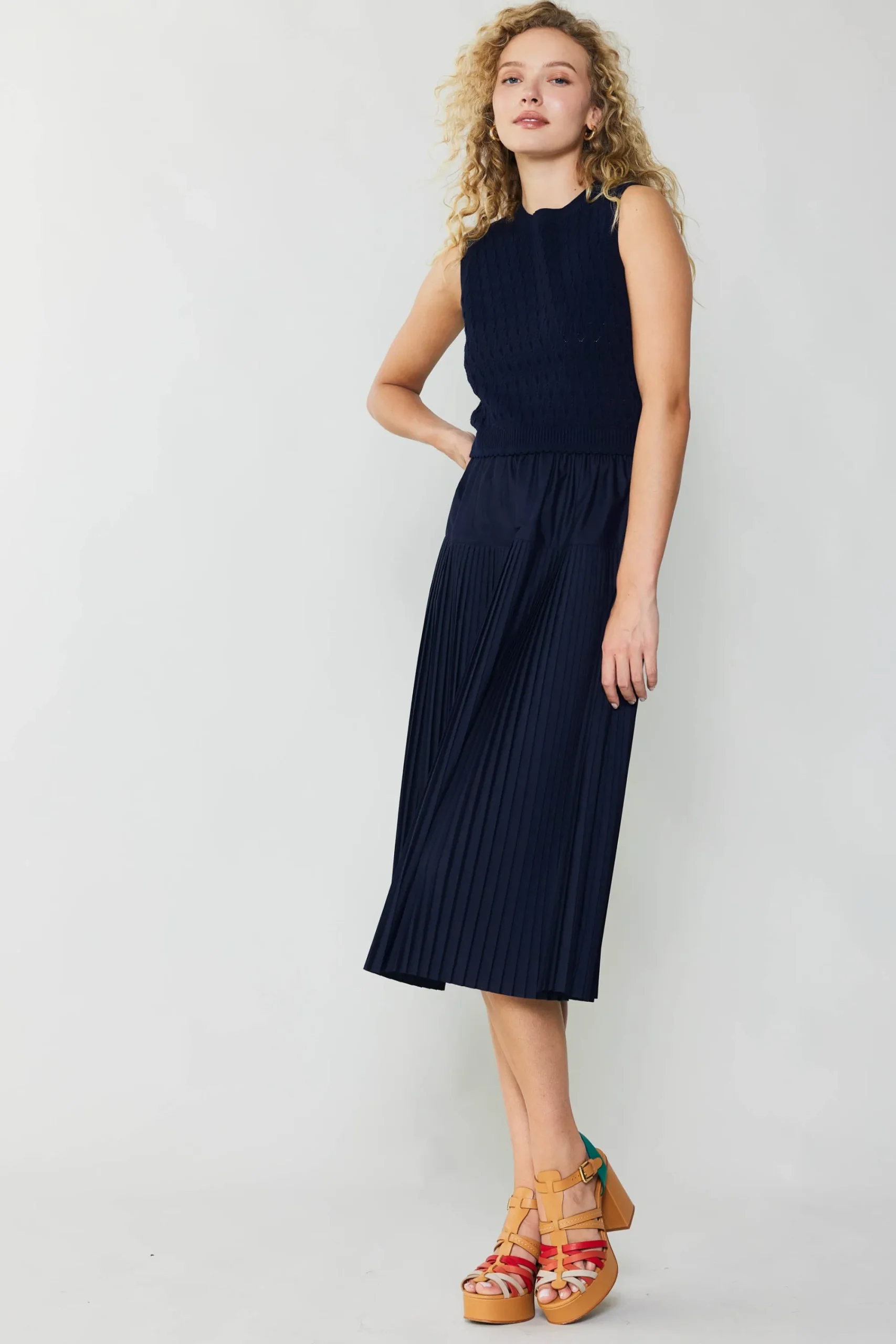 Current Air Knitwear | Midi Dresses-Pleated Skirt Sweater Dress NAVY