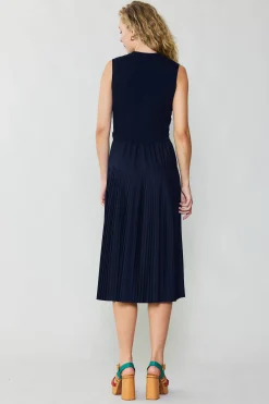 Current Air Knitwear | Midi Dresses-Pleated Skirt Sweater Dress NAVY