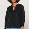 Current Air Long Sleeve Tops-Pleated Split Neck Top BLACK